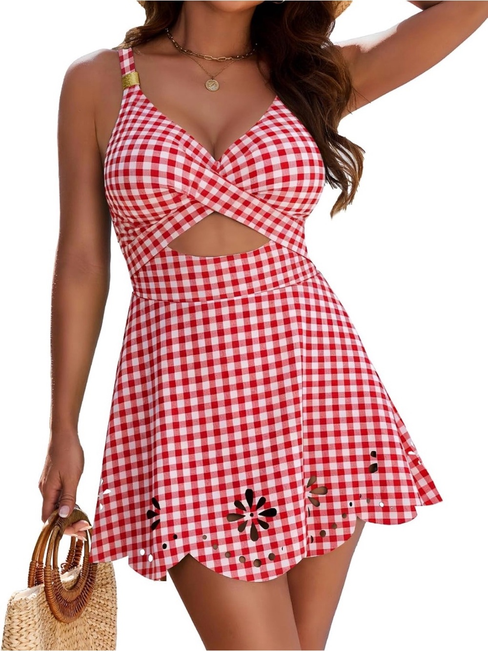 Red Gingham One-Piece Swimdress with Front Cutout